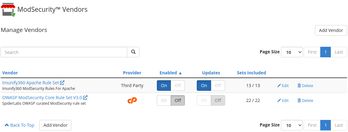 manage modsecurity vendors