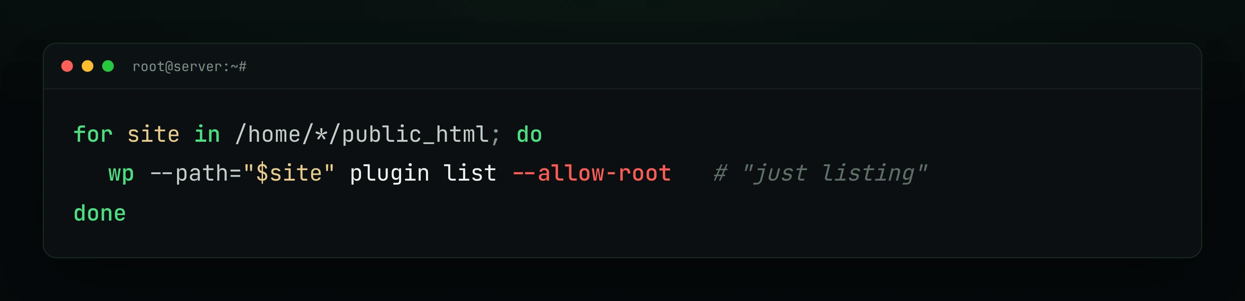 Bash loop running wp plugin list with --allow-root as root across every site